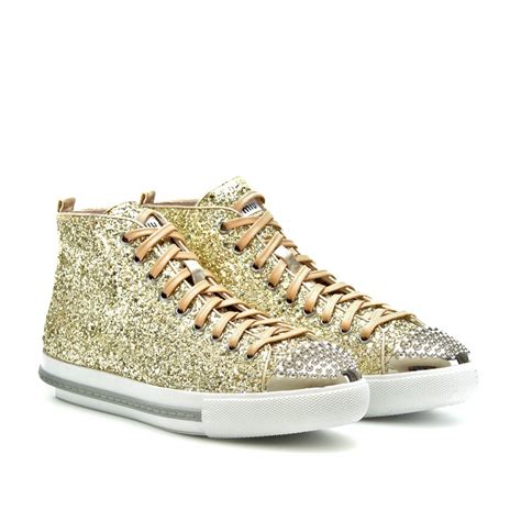 miu miu glitter sneaker gold|Miu Miu Glitter Accents Sneakers .